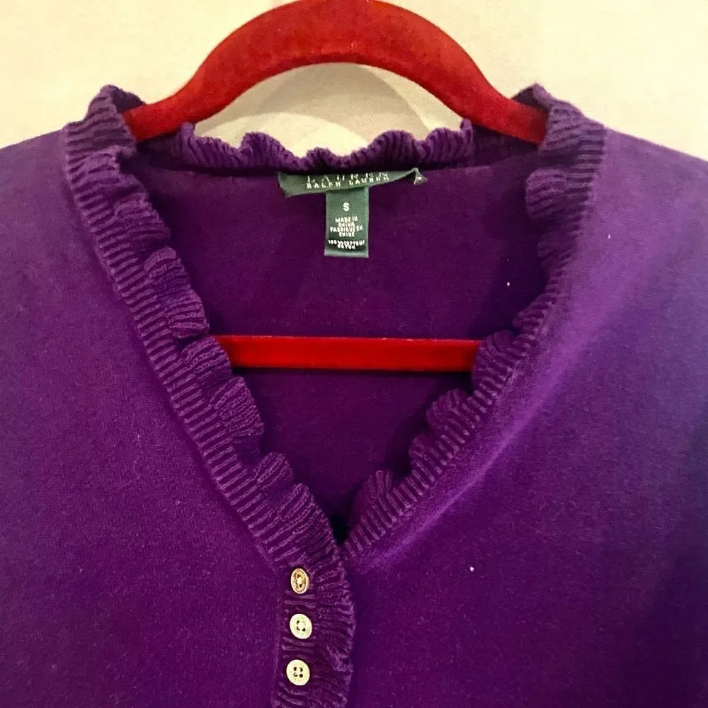 Lauren Ralph Lauren, purple ruffle V-neck collar Henley sweater size S - Picture 5 of 6